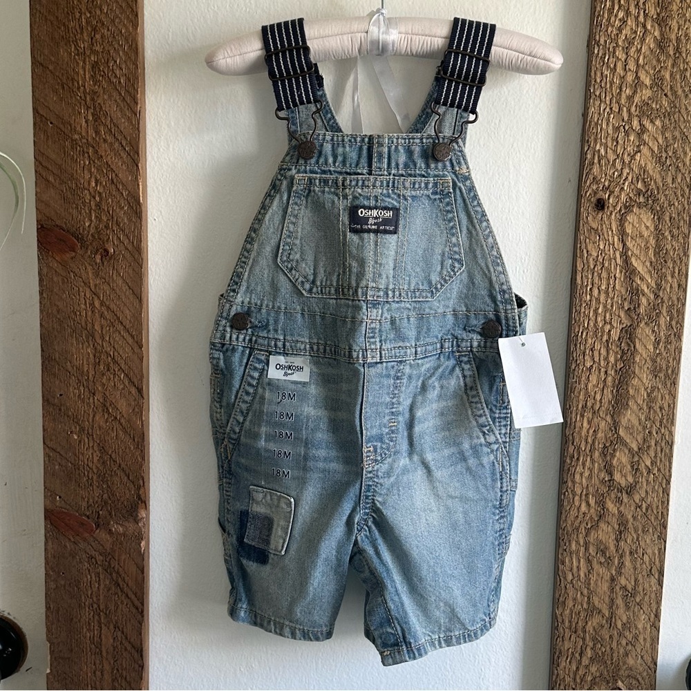 New Boy OshKosh B’Gosh Patchwork Denim Overalls Shortalls 18 months